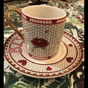 Anthropologie VALENTINE Bistro Tile BISOUS Espresso Cup & Saucer Red Rose RET